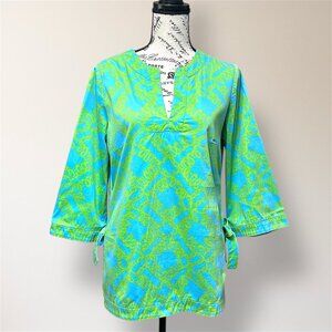 Lilly Pulitzer S Blue Green Scroll Print Side Tie Tunic Top Resort Vacation
